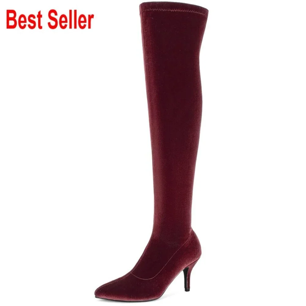Faux Velvet Over the Knee Stiletto Heel Boots Pointed Toe